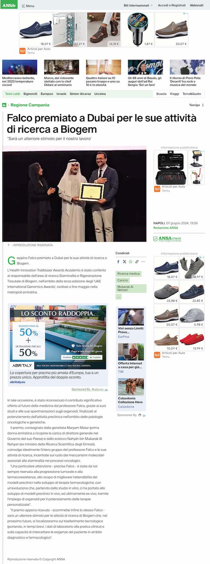 Falco premiato a Dubai per le sue attività di ricerca a Biogem